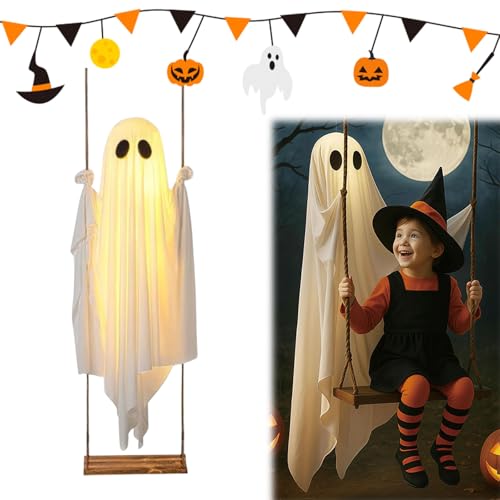 Halloween Spukige niedliche Geisterdekorationen – Hängender Geist mit LED-Lichtern, 1,5 m schwingender Geist for den Außenbereich, Halloween-Deko for Garten, Veranda, Bäume und Partys von CRGANGZY