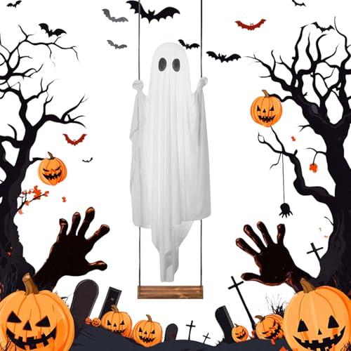 Halloween Spukige niedliche Geisterdekorationen – Hängender Geist mit LED-Lichtern, 1,5 m schwingender Geist for den Außenbereich, Halloween-Deko for Garten, Veranda, Bäume und Partys von CRGANGZY