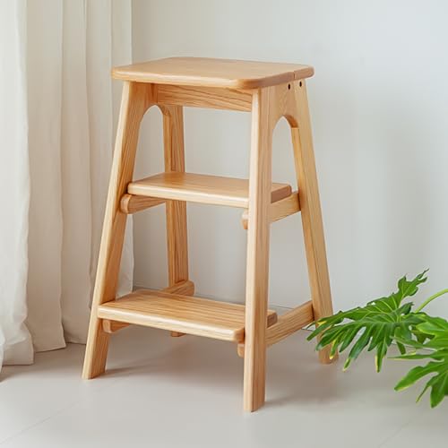 Tritthocker Klappbar Stehleiter, Tragbarer Tritthocker, Tritthocker aus Holz, Tragbarer Leichter Tritthocker, Einfach zu Verstauen für Küchen Haushalt Außen Büro(Log Color) von CRGOEUM