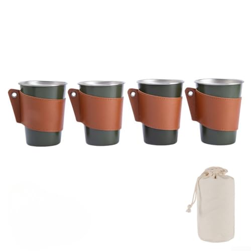 Outdoor-Camping-Becher-Set, 350 ml, Metall-Kaffeetassen mit Lederhülle, stapelbare Trinkbecher, für Reisen, Wandern, Rucksackreisen, 4-teiliges Set (C) von CRIDENG