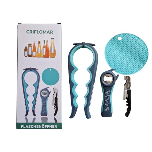 Glasöffner & Flaschenöffner 4-in-1 Set – Für Schraubgläser, Dosen, Weinflaschen – Ergonomischer Griff für Senioren & Arthritis (Schwache Hände) (Blau-Grau) von CRIFLOMAR