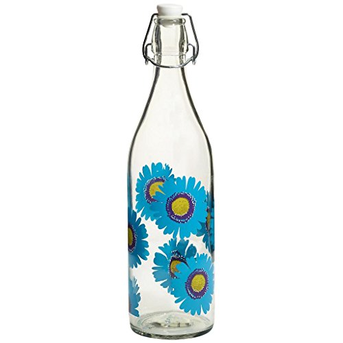 CRISTALICA Lory Flasche mit Bügel Bügelflasche Nadia Blau mit Blüten 1.000 ml D 8,5 cm Moderner Zeitloser Style von CRISTALICA