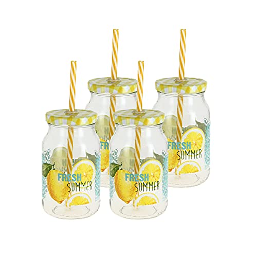 CRISTALICA Trinkglas Glasflasche m. Strohhalm Fresh Summer 4er Set 450 ml von CRISTALICA