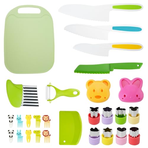 29PCS Kinder-Küchenmesser-Set zum Hacken, Kindersichere Kochmesser, Kleinkind-Schneidemesser-Sets mit Hölzernen Kunststoffmessern Schneidebrett Schäler Gabeln Förmchen Ausstecher Knitterschneider von CRITIVE-SHOP