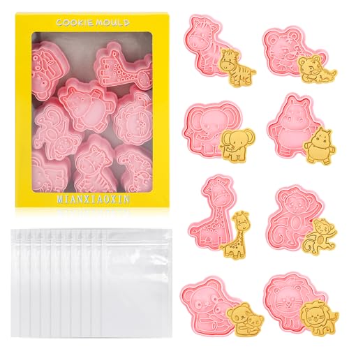 8PCS Tier Ausstechformen Set mit 10 Plätzchentüten, 3D Ausstechformen mit Stempel, Cartoon Ausstechformen zum Backen, Präge Keksausstecher für Kinder Fondant Plätzchen Kuchen Dekorationen von CRITIVE-SHOP