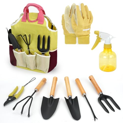 9PCS Gartenwerkzeug-Set, Gartenzubehör Unkrautbekämpfungswerkzeuge, Gartengeschenke Handwerkzeuge, Inklusive Gartengerätetasche Wurzelstarter Handgabel Handharke Kelle Stechschere Handschuhe Sprayer von CRITIVE-SHOP