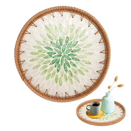 Rund Rattan Couchtisch Tablett mit Perlmutt, Dekorative Weidenkörbe für Home Decor Lagerung und Display, Gewebtes Tablett für Frühstück Obst Lebensmittel (Emerald) von CRITIVE-SHOP