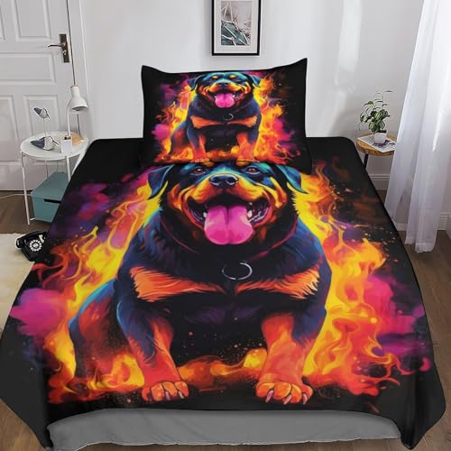 CRJUS Angry Rottweiler Bettbezug Set 3D Druck Bettwäsche Set Betten Set Für Jungen Mädchen 2 Teilig Mikrofaser Reißverschluss Kissenbezug Deckenbezug Single（135x200cm） von CRJUS