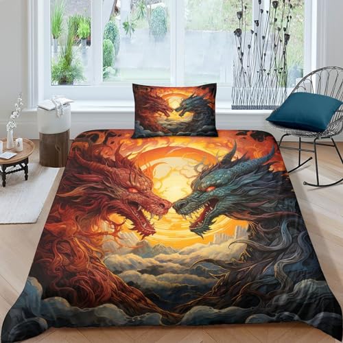 CRJUS Anime Drachen Bettwäsche Set Bettbezug Tier Set Atmungsaktive Mikrofaser Bettwäsche Für Schlafzimmer, Weiche Bequemer Single（135x200cm） von CRJUS