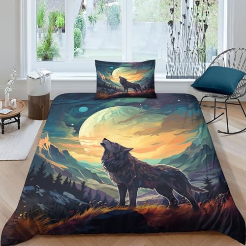 CRJUS Anime-Wolf 3D Bettwäsche Set Kinder Erwachsene, Microfaser Tiere Bettbezug Und Kissenbezüge Mit Reißverschluss Weich Haltbar Atmungsaktive Single（135x200cm） von CRJUS