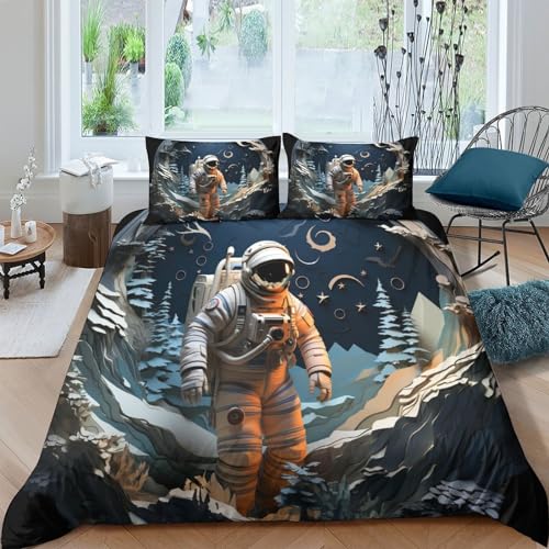 CRJUS Astronaut Bettwäsche Set Bettbezug Anime 3D Bedruckte Betten Für Kinder Jungen Mädchen Thema Raumdekor Kuschelig 3 Teilig Sets Double（200x200cm） von CRJUS