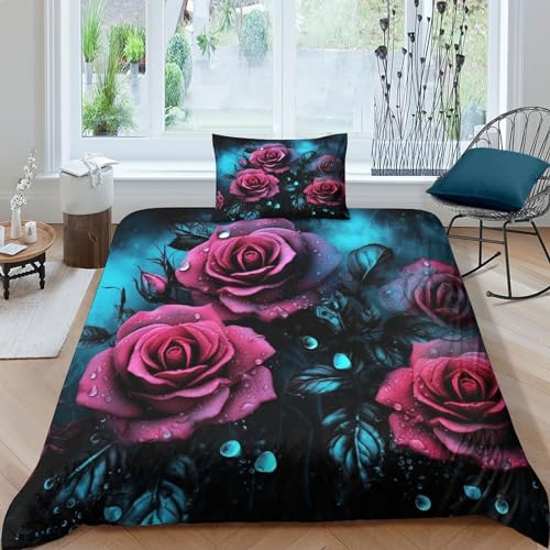 CRJUS Blaue Rose Betten Set Für Kinder Erwachsene Mädchen Bettbezug Set Bettwäsche Set Für Schlafzimmer, Weiche Bequemer Single（135x200cm） von CRJUS