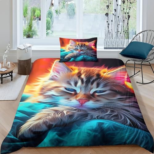 CRJUS Die Katze in den Sternen 3D Bettwäsche Bettwäsche Set Microfaser Kinder Erwachsene, 2 Teilig Bettbezug Und Kissenbezug Weich Haltbar Atmungsaktive Single（135x200cm） von CRJUS