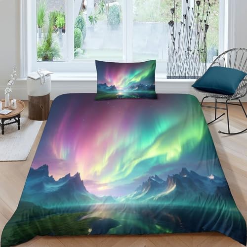 CRJUS Dunstige Polarlichter Bettwäsche-Sets Mit 3D-Druck Szenerie Bettbezug Set, Mikrofaser Bettbezug Mit Reißverschluss Und Kissenbezug Weich Haltbar Atmungsaktive Single（135x200cm） von CRJUS