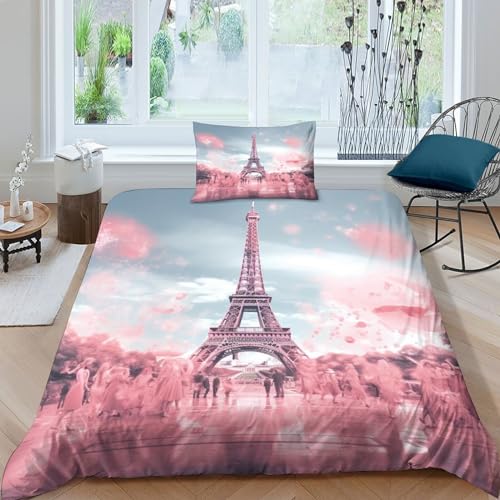 CRJUS Eiffelturm 3D Bettbezug Set Mit Kissenbezug, Romantisches Paris Bettwäsche Set, Modisch Bettbezüge Mikrofaser Bettbezug Mit Reißverschluss Single（135x200cm） von CRJUS