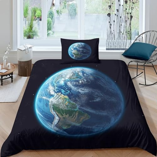 CRJUS Erde Bettwäsche Set Bettbezug Weltraum-Thema Set Atmungsaktive Mikrofaser Bettwäsche Für Schlafzimmer, Weiche Bequemer Single（135x200cm） von CRJUS