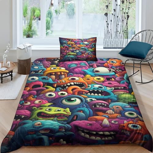 CRJUS Kleine Monster Bettbezug-Set Weiches Mikrofaser-Karikatur Bettwäsche-Set Für Erwachsene Teenager Kinder 3 Stück Mit Reißverschluss Für Heimtextilien Single（135x200cm） von CRJUS