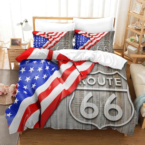 CRJUS Route 66 und USA-Flagge aus vertikalem Holz Fantastisches Bettwäsche Set 3D Print Aus Für Jugendherberge,Bettbezug Mit Reißverschluss Und Kissenbezug, Double（200x200c von CRJUS