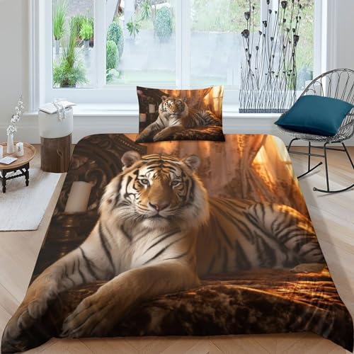 CRJUS Wilder Tiger Betten Set Kinder 3D Bettbezug Set Tiere Gedruckt Bettwäsche Set Für Mikrofaser Kinder Jungen Mädchen Weich Haltbar Atmungsaktive Single（135x200cm） von CRJUS