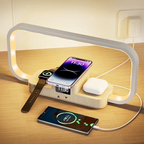 Nachttischlampe mit Ladefunktion, LED Tischlampe Touch Stufenloses Dimmbar mit 5 Farbmodi, Lampe 3 in 1 Induktiver Ladestation, Wireless Charger für iPhone-Serie/AirPods/iWatch (Adapter Inklusive) von CRLL