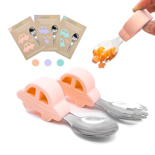 CROCOKID® Babybesteck ab 18 Monaten - Ergonomische BLW Gabel & Löffel aus Edelstahl & Silikon, Lustige Autoform & BPA-frei | Lernbesteck für Babys - Pfirsich von CROCOKID