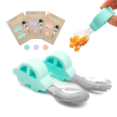CROCOKID® Babybesteck ab 18 Monaten - Ergonomische BLW Gabel & Löffel aus Edelstahl & Silikon, Lustige Autoform & BPA-frei | Lernbesteck für Babys - Minze von CROCOKID