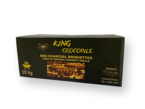 King Crocodile Kokosnuss Kohle mit Langer Brenndauer I Grillkohle Hexagonal I wenig Asche I geringe Rauchentwicklung I Nachhaltige Naturkohle I Kohle Stangen in Profi Qualität I 10 kg von CROCS COCO