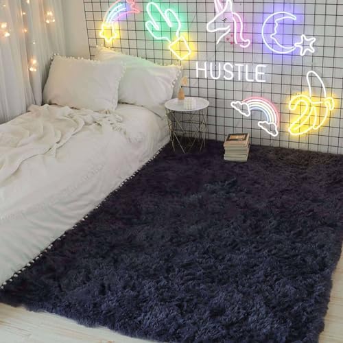 Weich Teppich, Verdicken rutschfest Gemütlich Modern Teppiche Waschbarer Flauschig Shaggy Carpet für Schlafzimmer Wohnzimmer Kinderzimmer-dunkelgrau-80x200cm von CROMMA
