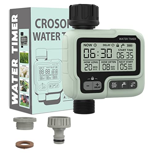 CROSOFMI Bewässerungscomputer 1 Ausgänge Garten Wasser zeitschaltuhr automatische bewässerung/LCD-Bildschirm/Einfache Bedienung/Kindersicherung/Verzögerung bei starkem Regen/Manuelle Bewässerung von CROSOFMI