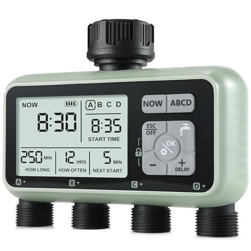 CROSOFMI Bewässerungscomputer 4 Ausgänge Garten Wasser Zeitschaltuhr Automatische Bewässerung/LCD-Bildschirm/Einfache Bedienung/Kindersicherung/Verzögerung bei starkem Regen/Manuelle Bewässerung von CROSOFMI