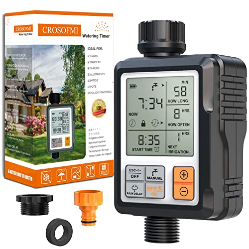 CROSOFMI Bewässerungscomputer Wasserzeitschaltuhr Garten Zeitschaltuhr Bewässerung,Großes 3-Zoll-Display Regenverzögerung und Kindersicherung von CROSOFMI