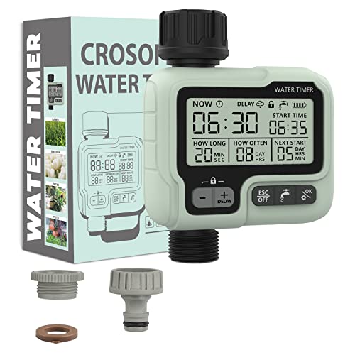 CROSOFMI Garten Bewässerungscomputer Automatisch Bewässerungssystem Zeitschaltuhr IPX5 Wasserdicht/Regenverzögerung/Manueller Bewässerungsmodus/Kindersicherungsmodus/LCD-Bildschirm von CROSOFMI