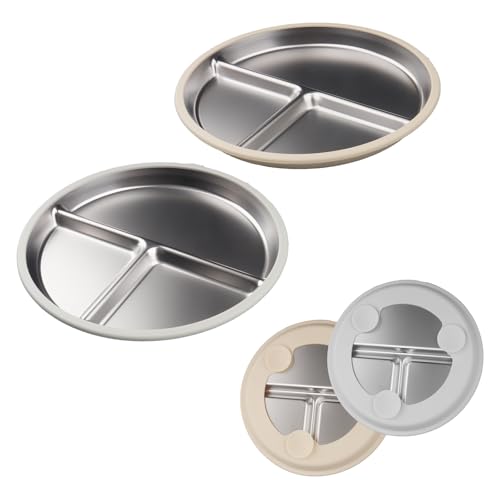 CROUTE 2 Stück Edelstahlteller Baby Teller mit Saugnapf, Geteilter Kinderteller mit 23 cm Durchmesser und Abnehmbarer Silikonabdeckung für Rutschfesten, BPA-Frei (Grau, Beige) von CROUTE
