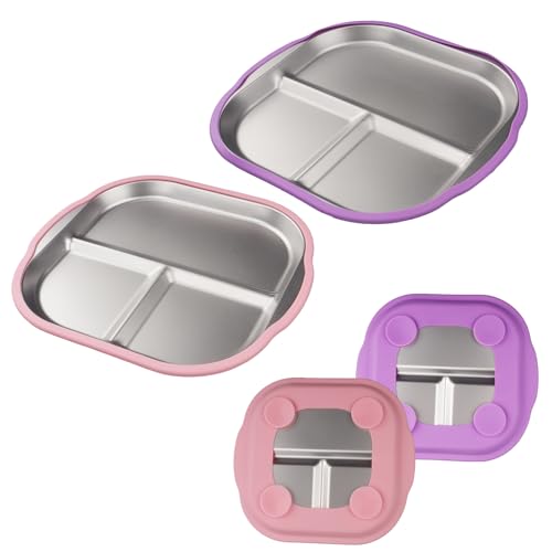 CROUTE 2 Stück Edelstahlteller Baby Teller mit Saugnapf, Geteilter Kinderteller mit 23 cm Durchmesser und Abnehmbarer Silikonabdeckung für Rutschfesten, BPA-Frei (Rosa, Lila) von CROUTE