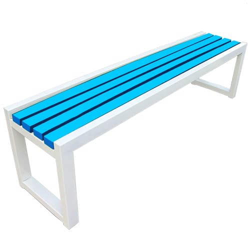Gartenbank aus Metall ohne Rückenlehne – Sitzgelegenheiten im Freien for Balkon/Park/Schule – wetterbeständig/einfache Montage(White+Blue,40W150L45H) von CROWEL