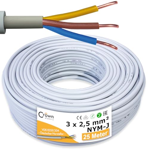 NYM-J 3x2,5mm² Kabel 25m | Feuchtraumkabel für 300V/500V | Elektrokabel 3-Adrig mit PVC Mantel | Ø2,5mm² Stromkabel für Elektroinstallation in Weiß/Grau | Kabellänge am Stück NYM-J 3x2,5mm² Kabel 25m | Feuchtraumkabel für 300V/500V | Elektrokabel 3-Adrig mit PVC Mantel | Ø2,5mm² Stromkabel für Elektroinstallation in Weiß/Grau | Kabellänge am Stück von CROWNSTORES