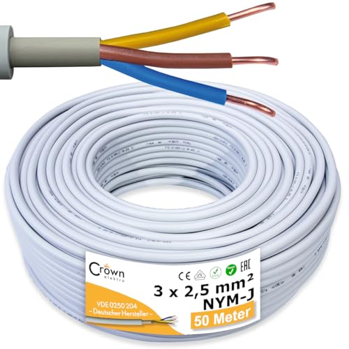 NYM-J 3x2,5mm² Kabel 50m | Feuchtraumkabel für 300V/500V | Elektrokabel 3-Adrig mit PVC Mantel | Ø2,5mm² Stromkabel für Elektroinstallation in Weiß/Grau | Kabellänge am Stück NYM-J 3x2,5mm² Kabel 50m | Feuchtraumkabel für 300V/500V | Elektrokabel 3-Adrig mit PVC Mantel | Ø2,5mm² Stromkabel für Elektroinstallation in Weiß/Grau | Kabellänge am Stück von CROWNSTORES
