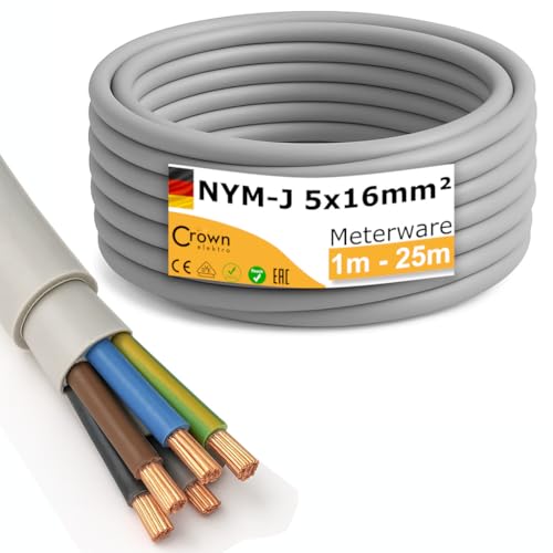 NYM-J 5x16mm² Mantelleitung | 1–25m Meterware | 5-adriges Starkstromkabel aus Kupfer | Feuchtraumkabel für Drehstrom, Wallbox & Elektroinstallation | Made in Germany | Länge (1m) von CROWNSTORES