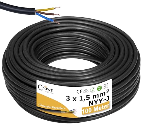 NYY-J 3x1,5mm² 100m Erdkabel Länge am Stück | Elektrokabel Ring für Verlegung im Erdreich & Außenbereich | Kupfer Eindrähtig DIN VDE 0276 Teil 603/627 | Deutsche Markenhersteller von CROWNSTORES