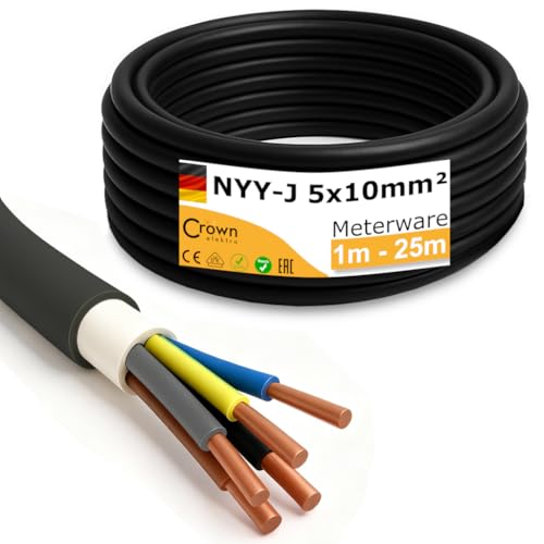 NYY-J 5x10mm² Erdkabel | 1–25m Meterware | 5-adriges Starkstromkabel aus Kupfer | Außenkabel für Drehstrom, Wallbox & Elektroinstallation | Made in Germany | Länge (2m) von CROWNSTORES
