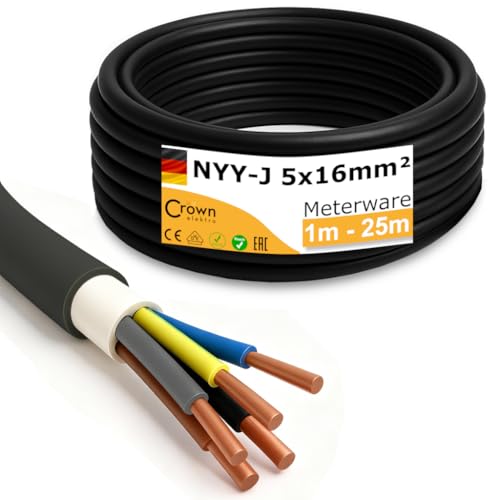 NYY-J 5x16mm² Erdkabel | 1–25m Meterware | 5-adriges Starkstromkabel aus Kupfer | Außenkabel für Drehstrom, Wallbox & Elektroinstallation | Made in Germany | Länge (17m) von CROWNSTORES