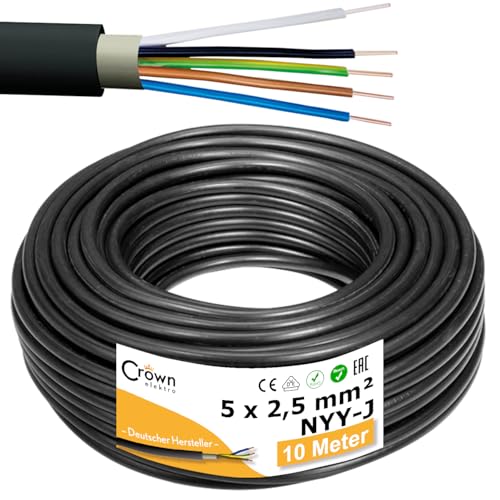 NYY-J 5x2,5mm² 10m Erdkabel Länge am Stück | Elektrokabel Ring für Verlegung im Erdreich & Außenbereich | Kupfer Eindrähtig DIN VDE 0276 Teil 603/627 | Deutsche Markenhersteller von CROWNSTORES
