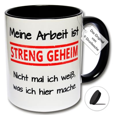 Tasse mit Deckel - Lustige Kaffeetasse mit Spruch Meine Arbeit ist streng geheim Nicht mal ich weiß, was ich hier mache. Geschenk Arbeitskollegen (A: Schwarz-Weiß) von CRP