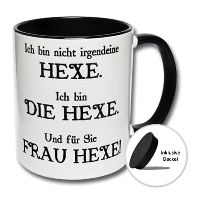 CRP Lustige Kaffeetasse mit Spruch Ich bin nicht irgendeine Hexe. Ich bin die Hexe. Und für Sie FRAU HEXE! Hexentasse Geschenk (Schwarz-Weiß inkl. Tassendeckel) von CRP