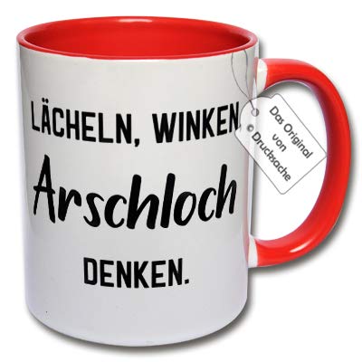 CRP Lustige Tasse mit Spruch LÄCHELN, WINKEN, Arschloch Denken. Kaffeetasse Geschenkidee Büro (G: Rot) von CRP