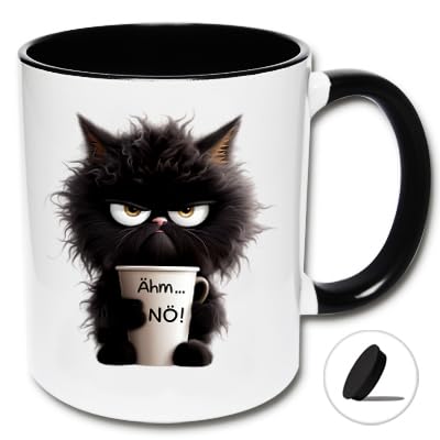 Lustige Katzen - Tasse mit Deckel Ähm ... NÖ! Kaffeetasse mit Katzenmotiv Mürrische Katze (A: Schwarz-Weiße Tasse inkl. schwarzem Tassendeckel) von CRP