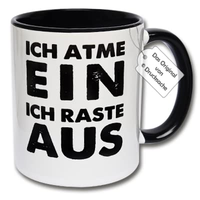 CRP Lustige Tasse, Kaffeetasse, Tasse mit Spruch ''ICH ATME EIN ICH RASTE AUS'' Geschenkidee Kollegen (A: Schwarz-Weiß) von CRP