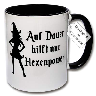 Lustige Tasse, Kaffeetasse mit Aufdruck Hexe Auf Dauer hilft nur Hexenpower Hexentasse Geschenk Frau (A: Schwarz-Weiß) von CRP