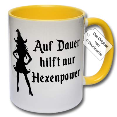 Lustige Tasse, Kaffeetasse mit Aufdruck Hexe Auf Dauer hilft nur Hexenpower Hexentasse Geschenk Frau (D: Gelb) von CRP