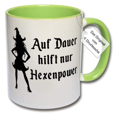 Lustige Tasse, Kaffeetasse mit Aufdruck Hexe Auf Dauer hilft nur Hexenpower Hexentasse Geschenk Frau (E: Grün) von CRP